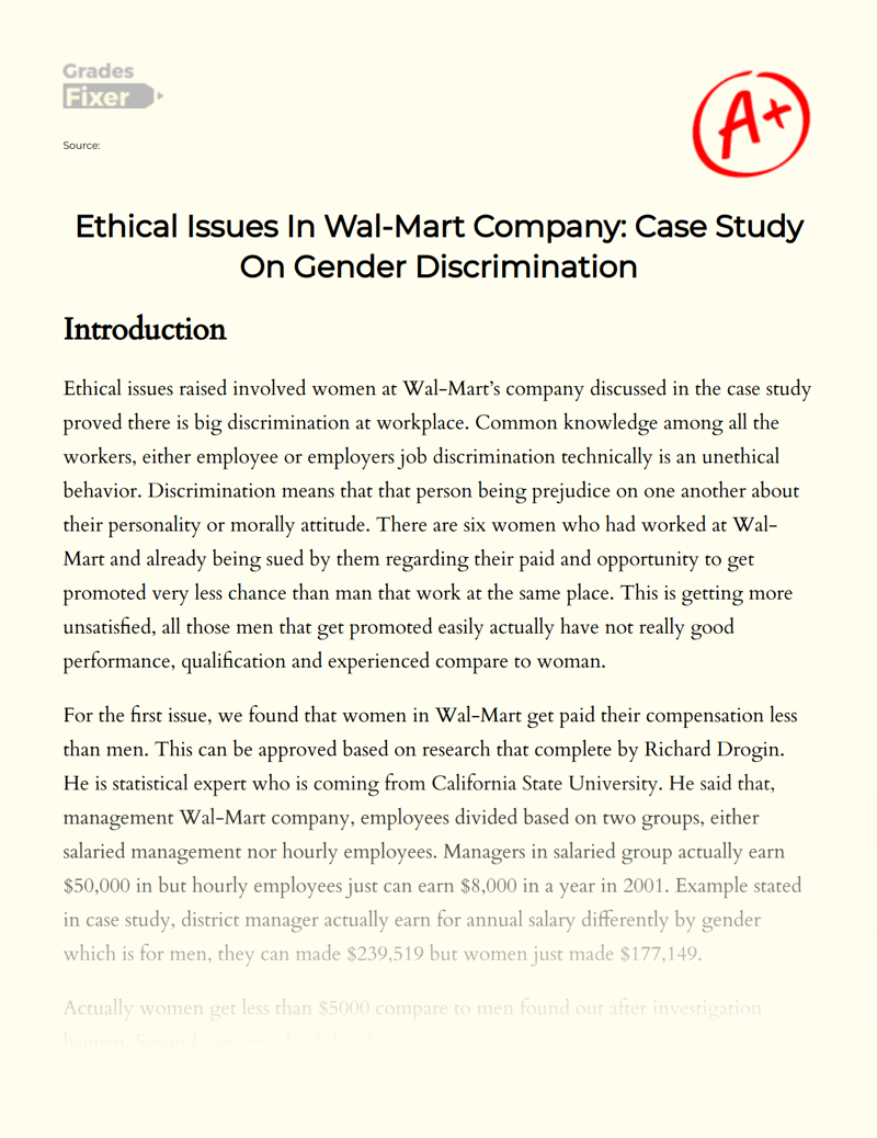 Ethical Issues in Wal-mart Company: Case Study on Gender Discrimination Essay