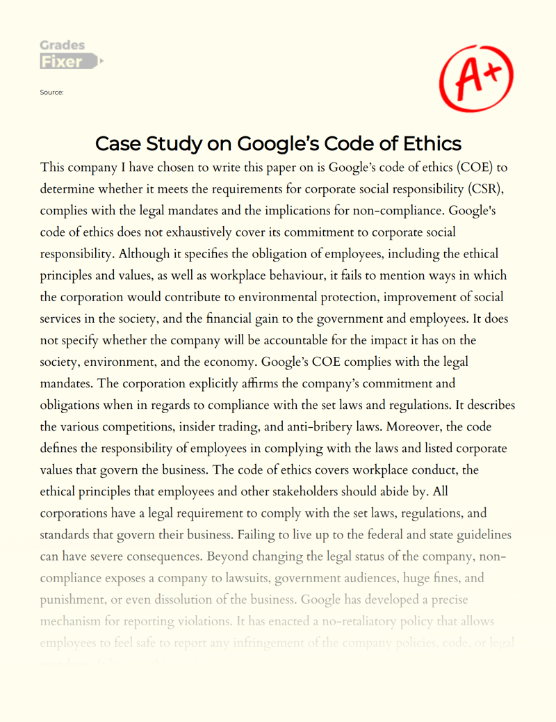 Case Study on Google’s Code of Ethics Essay