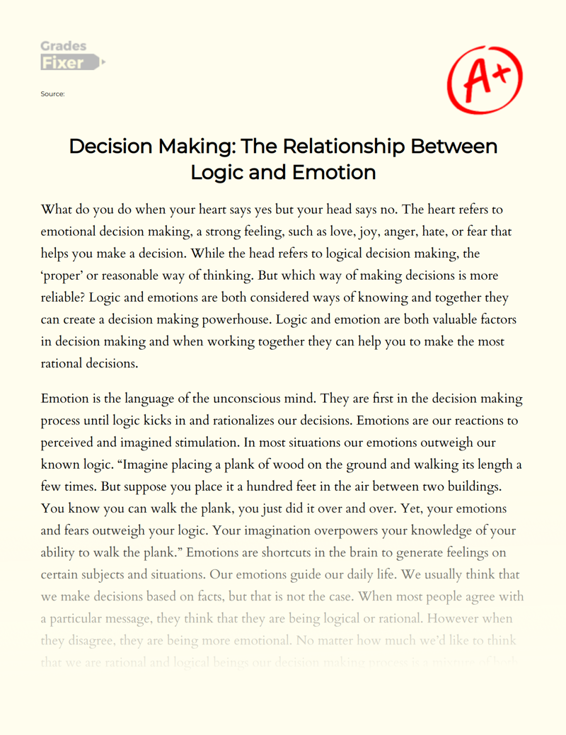 Decision Making: The Relationship Between Logic and Emotion Essay