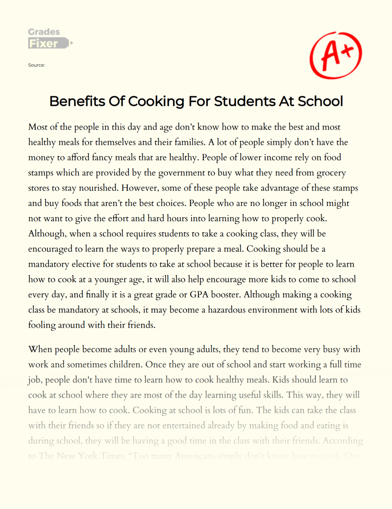 Benefits of Cooking for Students at School Essay