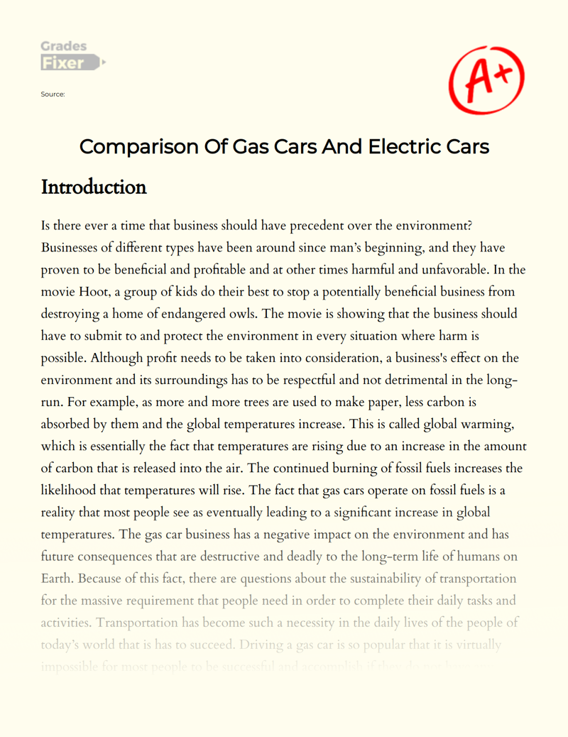 Comparison of Gas Cars and Electric Cars Essay
