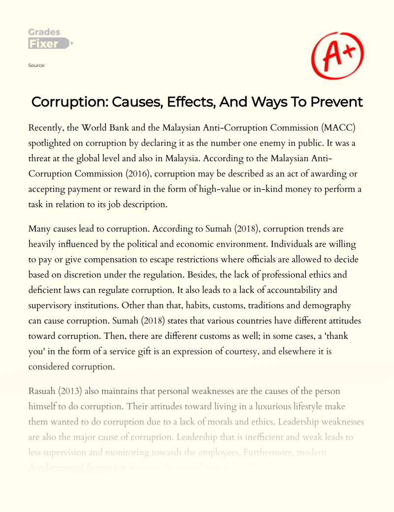 Corruption: Causes, Effects, and Ways to Prevent Essay