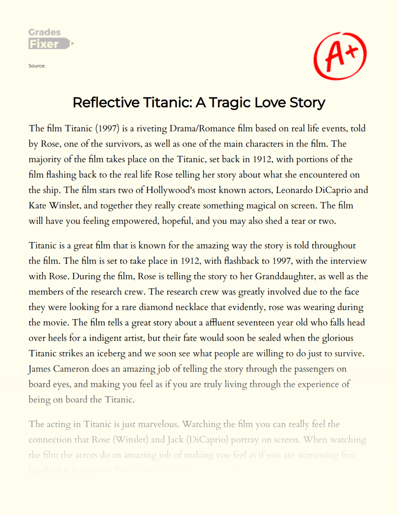 Reflective Titanic: a Tragic Love Story Essay