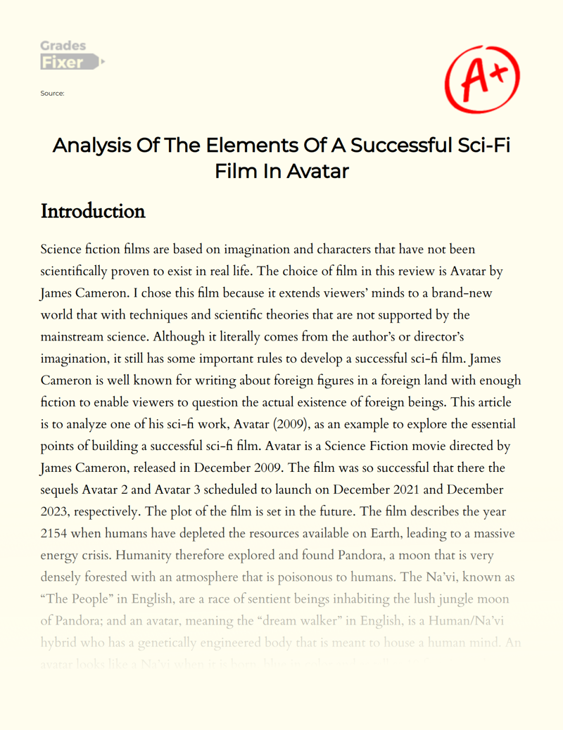 Analysis of The Elements of a Successful Sci-fi Film in Avatar Essay