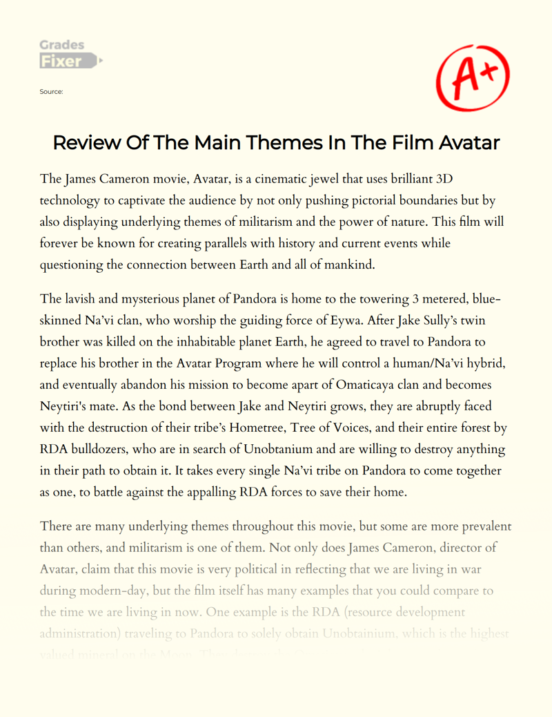 Review of The Main Themes in The Film Avatar Essay