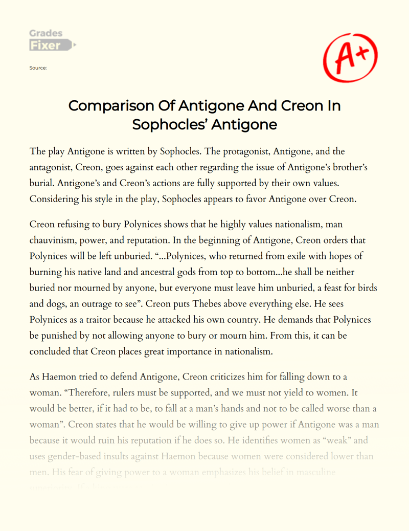 Comparison of Antigone and Creon in Sophocles’ Antigone Essay