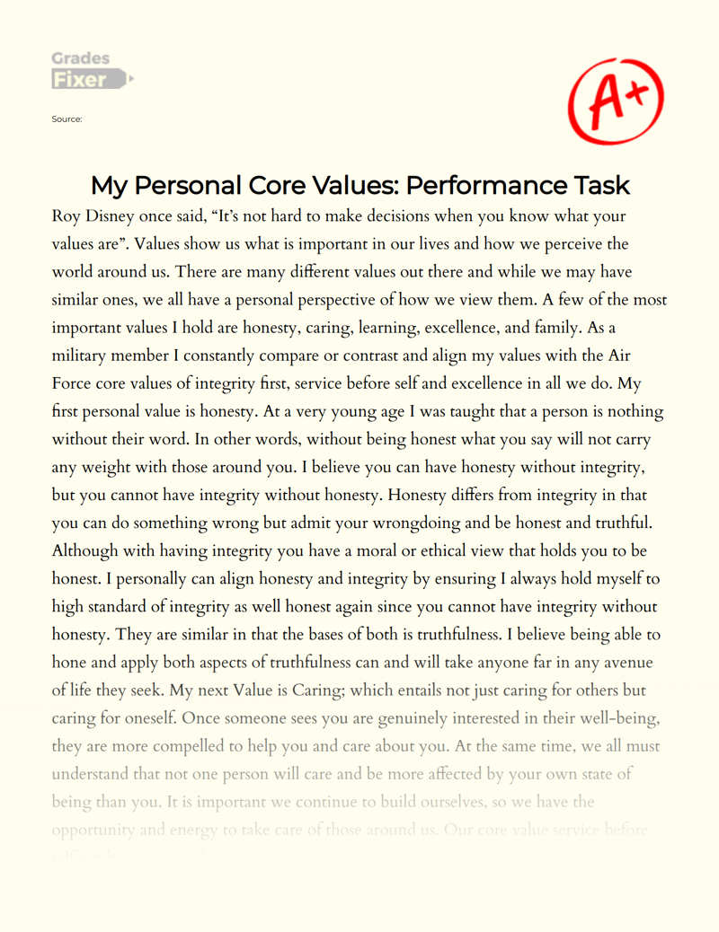 My Personal Core Values: Performance Task  Essay
