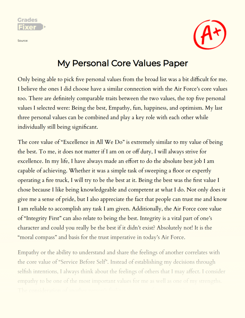 My Personal Core Values Paper Essay
