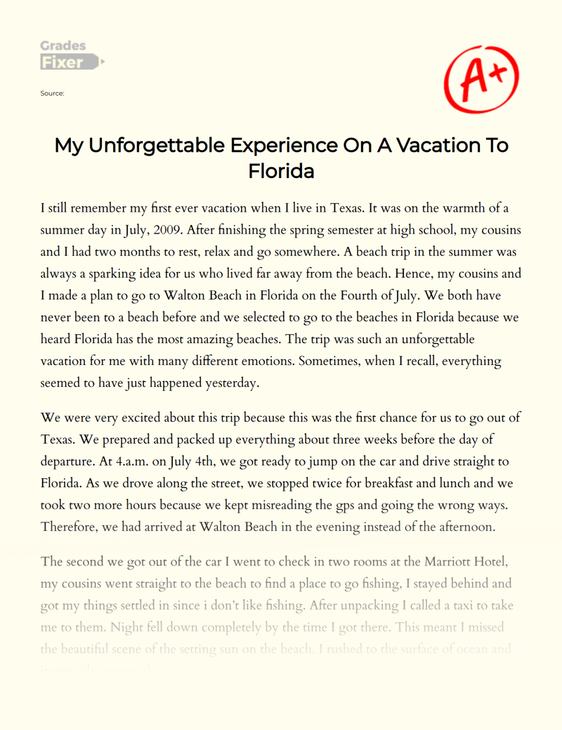 My Unforgettable Experience on a Vacation to Florida Essay
