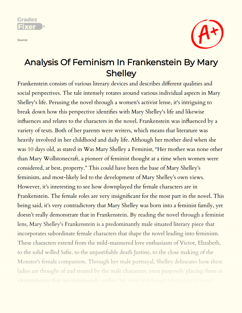 Analysis of Feminism in Frankenstein by Mary Shelley Essay