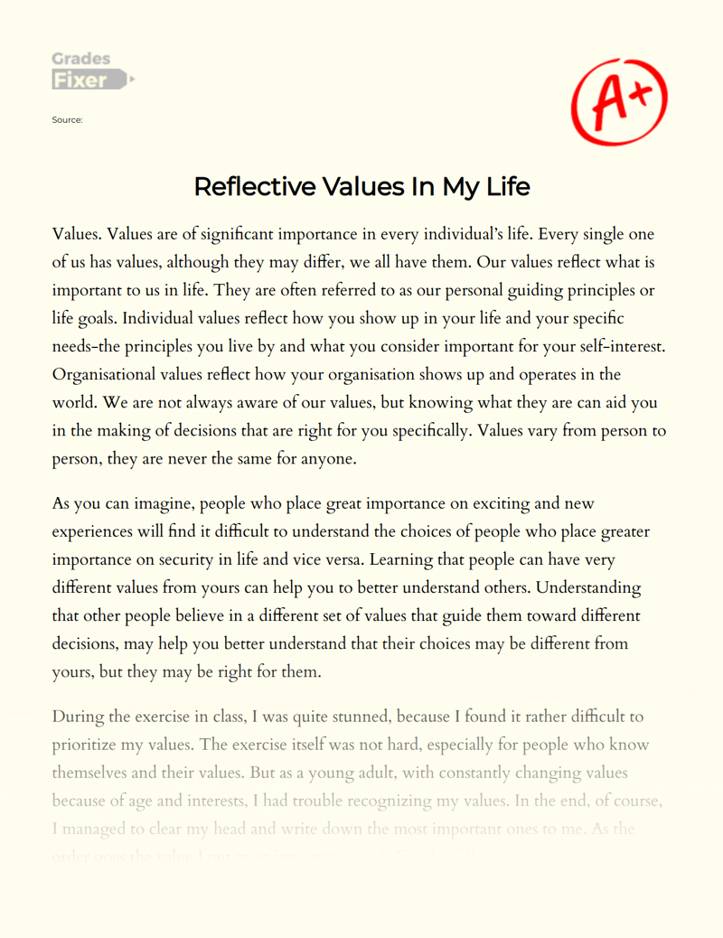 Reflective Values in My Life Essay