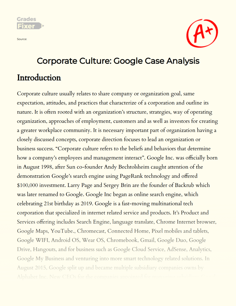Corporate Culture: Google Case Analysis Essay