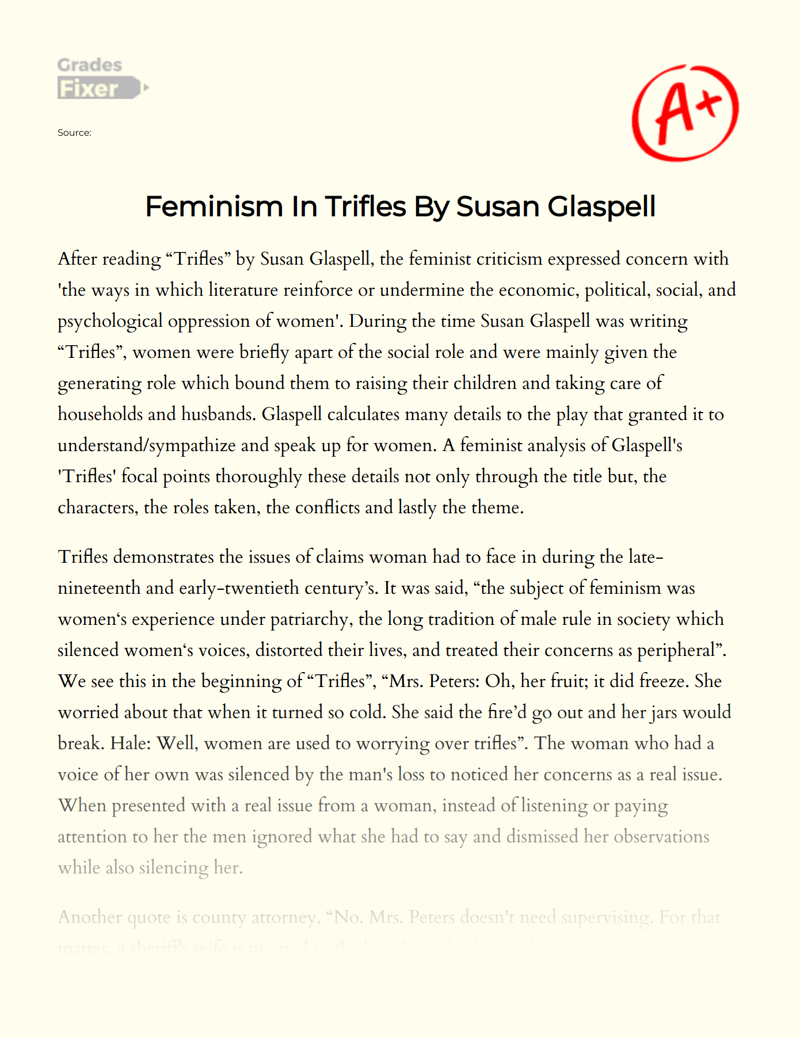 Feminism in Trifles by Susan Glaspell Essay