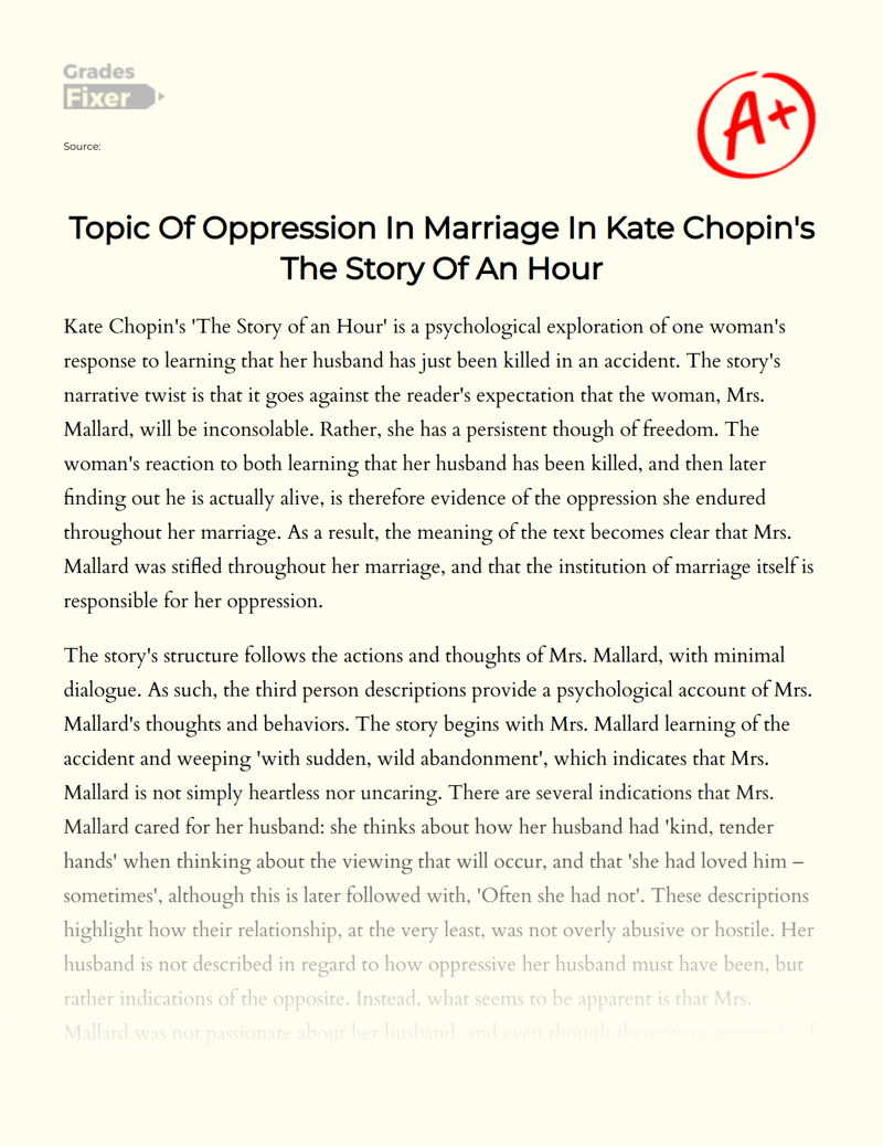 Topic of Oppression in Marriage in Kate Chopin's The Story of an Hour Essay