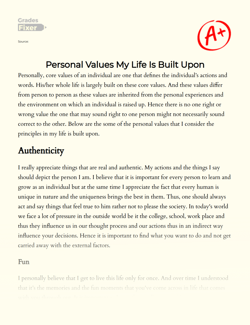 Personal Values My Life is Built Upon Essay