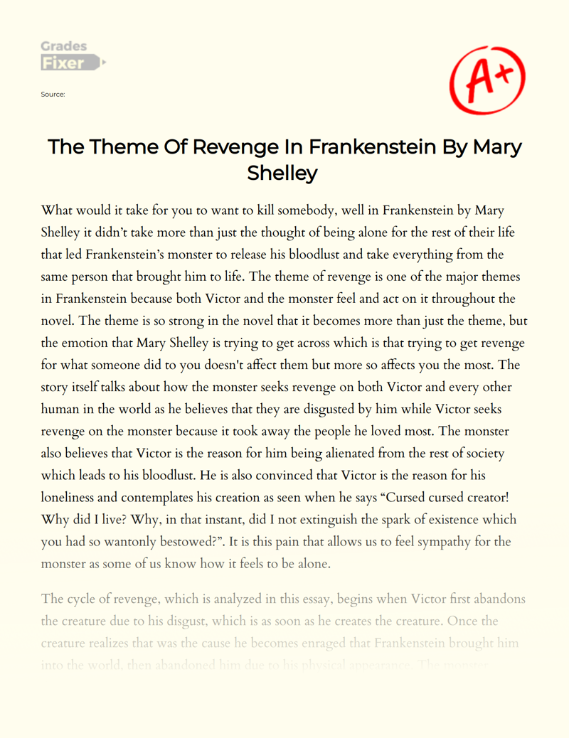 The Theme of Revenge in Frankenstein by Mary Shelley  Essay