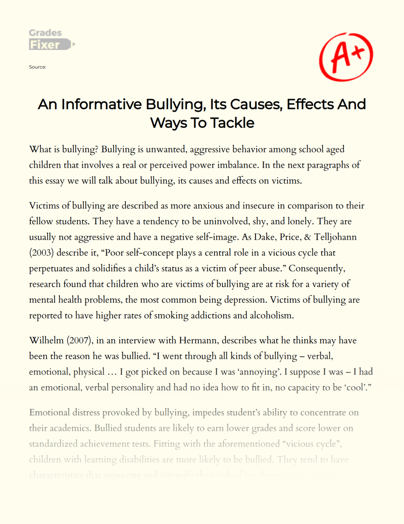 An Informative Bullying, Its Causes, Effects and Ways to Tackle Essay