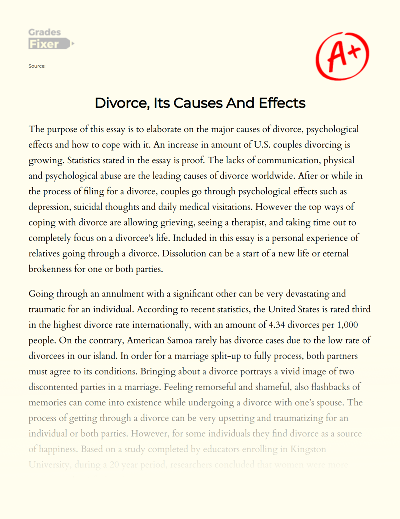 Divorce, Its Causes and Effects Essay