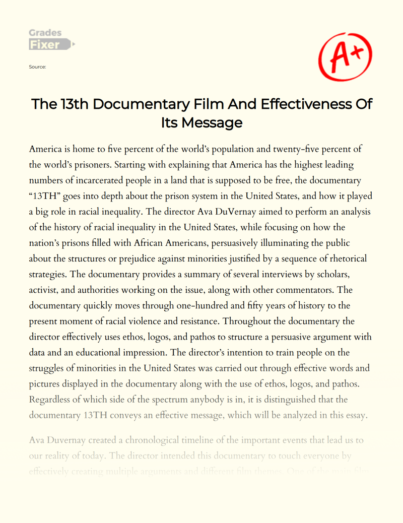 The 13th Documentary Film and Effectiveness of Its Message Essay