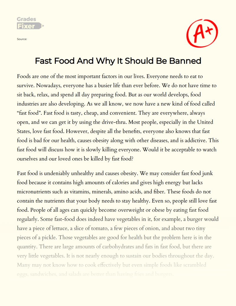 Fast Food Should Be Banned: Analysis of Health Effects Essay