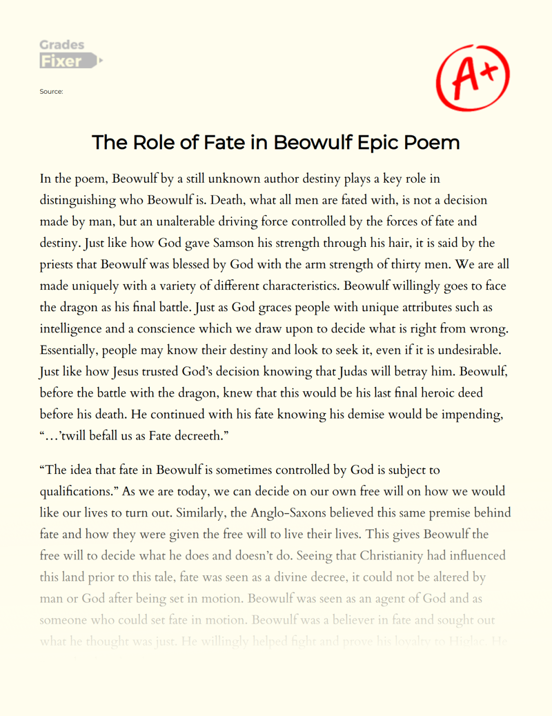 The Role of Fate in Beowulf Epic Poem Essay