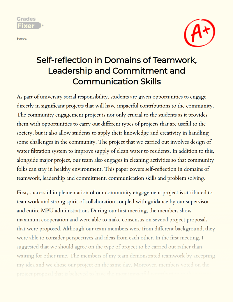 Self-reflection in Domains of Teamwork, Leadership and Commitment and Communication Skills Essay