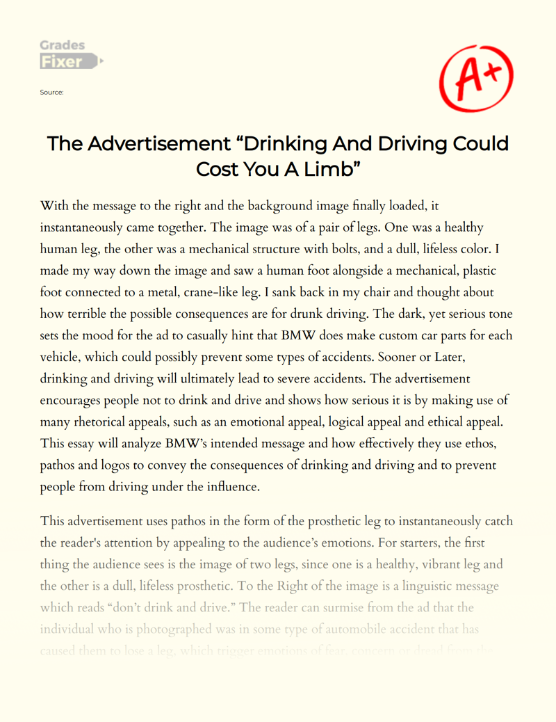 The Advertisement "Drinking and Driving Could Cost You a Limb" Essay