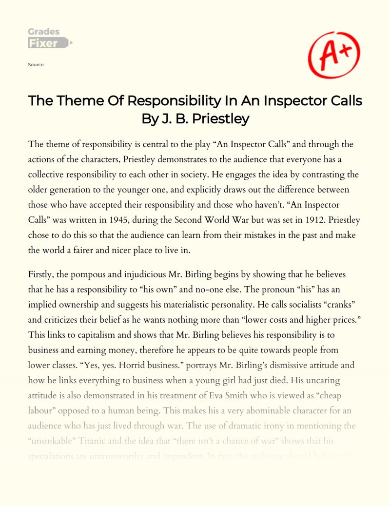 The Theme of Responsibility in an Inspector Calls by J. B. Priestley Essay