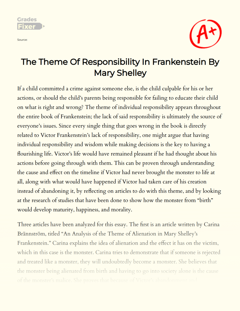 The Theme of Responsibility in Frankenstein by Mary Shelley Essay