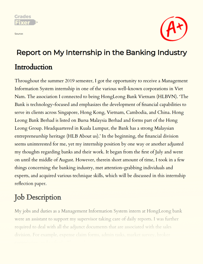 Report on My Internship in The Banking Industry Essay