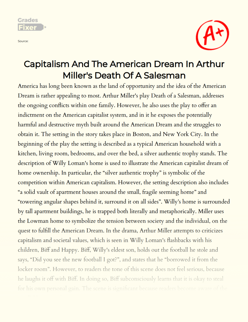 Capitalism and The American Dream in Arthur Miller's Death of a Salesman Essay