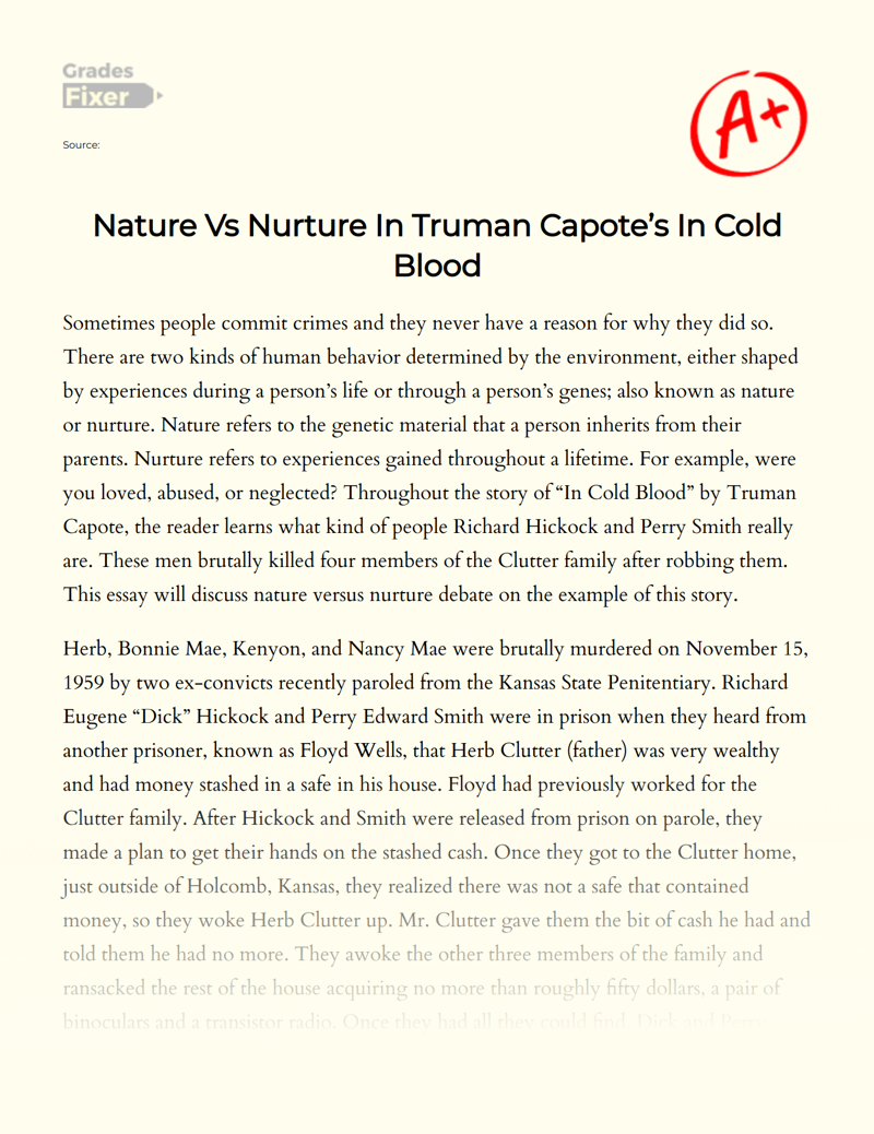 Nature Vs Nurture in Truman Capote’s in Cold Blood Essay