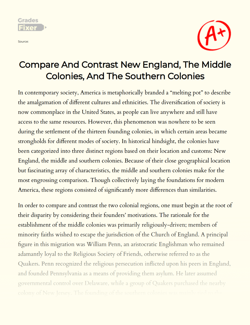 Compare and Contrast New England, The Middle Colonies, and The Southern Colonies Essay