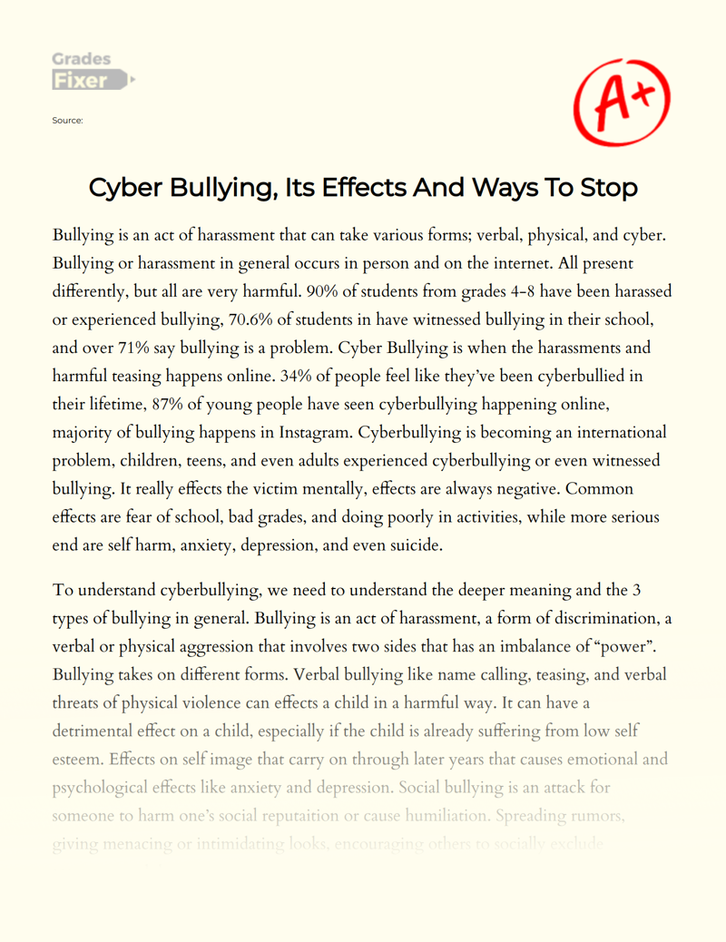 Cyber Bullying, Its Effects and Ways to Stop Essay