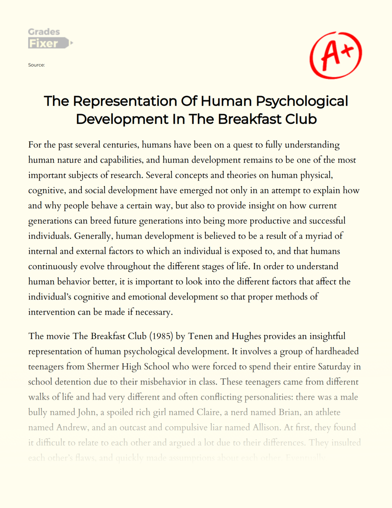 The Representation of Human Psychological Development in The Breakfast Club Essay