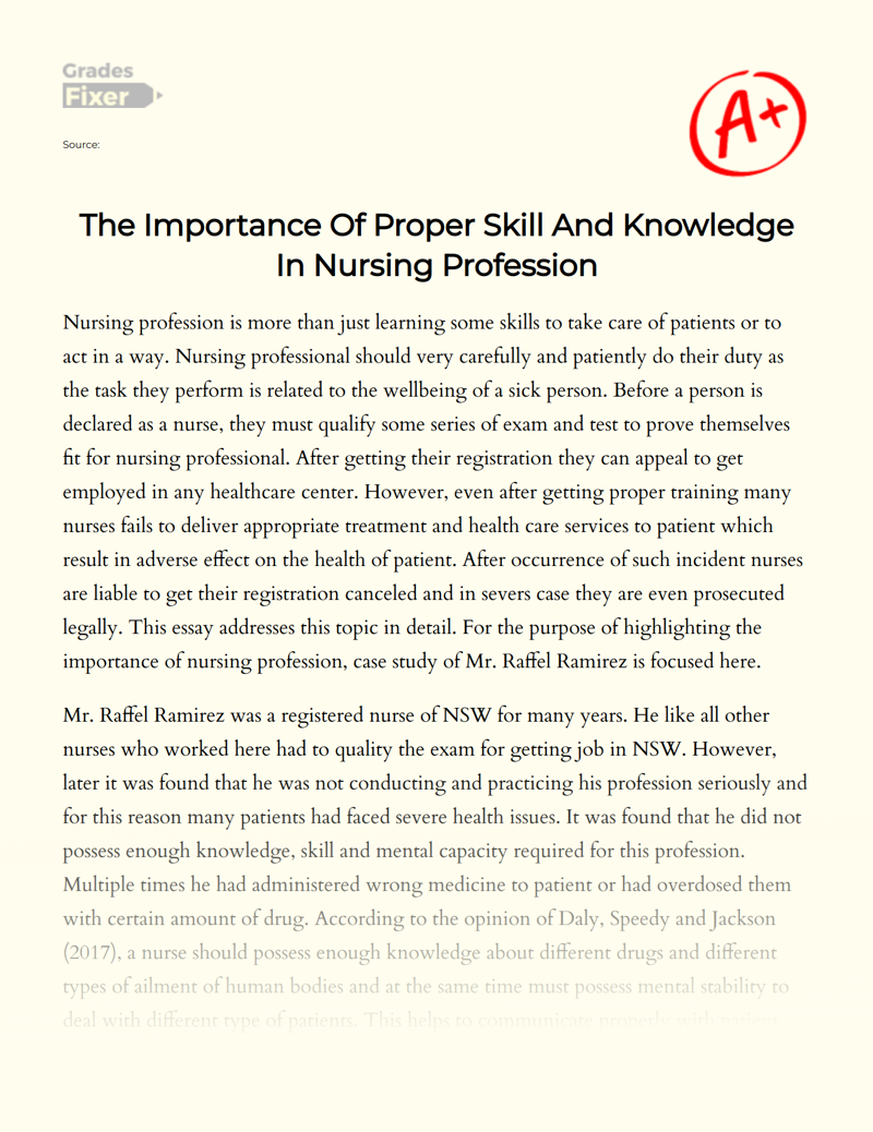 The Importance of Proper Skill and Knowledge in Nursing Profession Essay