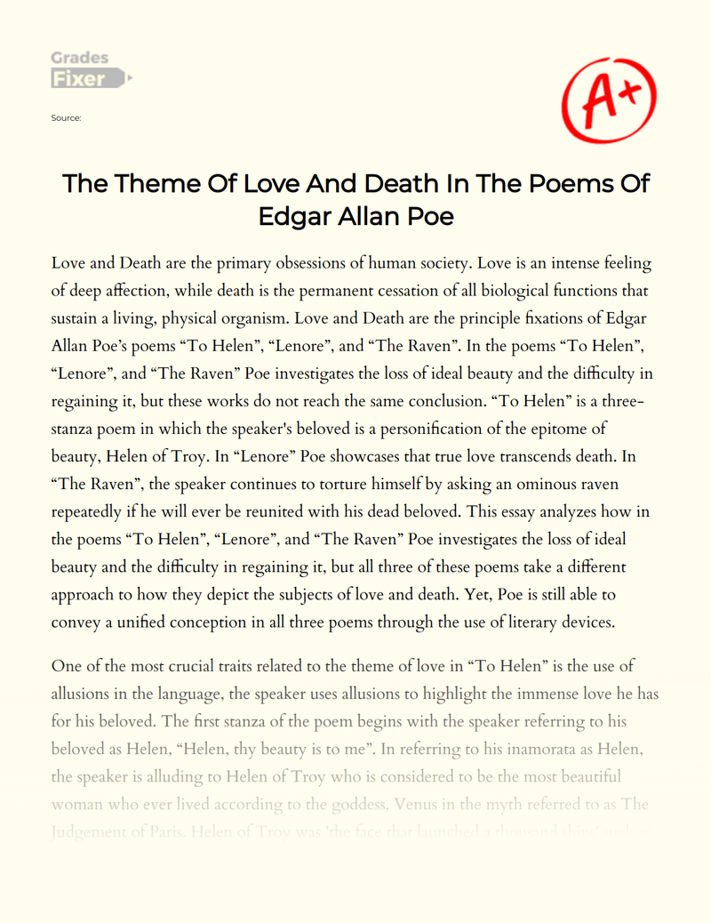 The Theme of Love and Death in The Poems of Edgar Allan Poe Essay