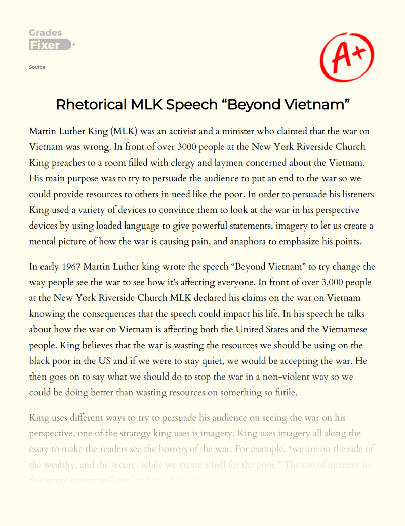 Rhetorical Mlk Speech "Beyond Vietnam" Essay