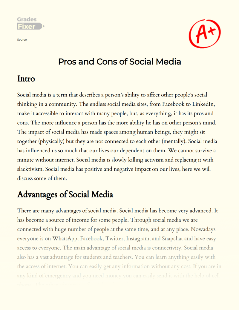 Pros and Cons of Social Media Essay