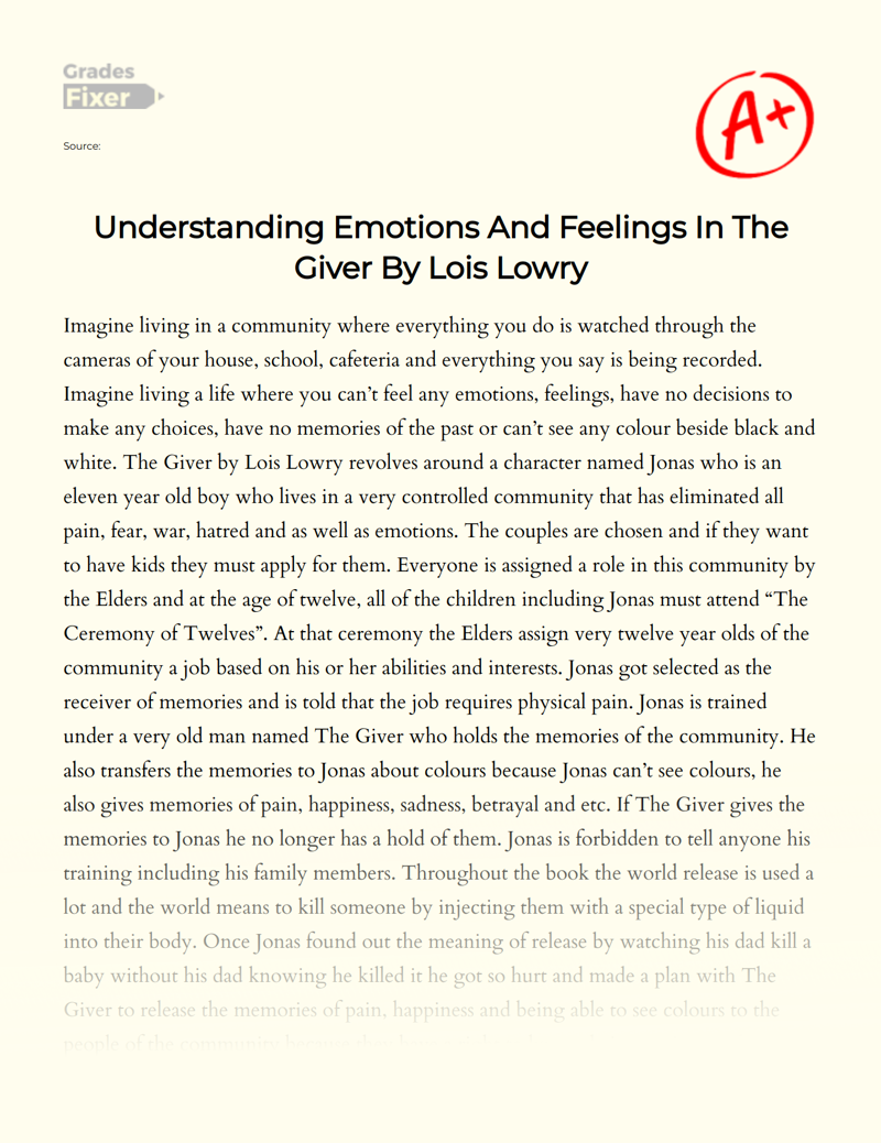 Understanding Emotions and Feelings in "The Giver" by Lois Lowry Essay
