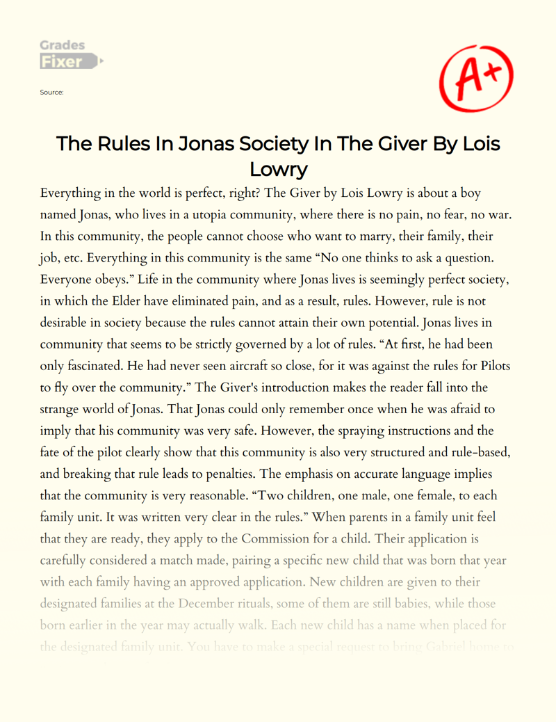 The Rules in Jonas Society in "The Giver" by Lois Lowry Essay