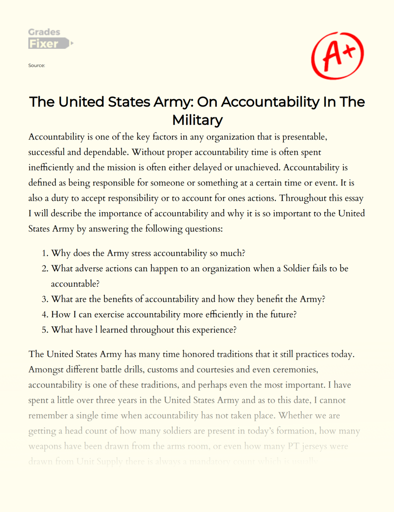 The United States Army: on Accountability in The Military Essay
