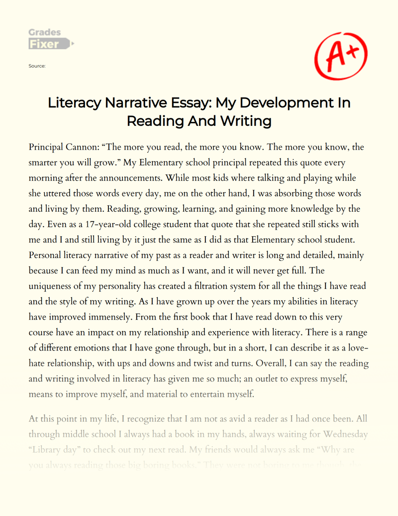 Literacy Narrative: My Development in Reading and Writing Essay