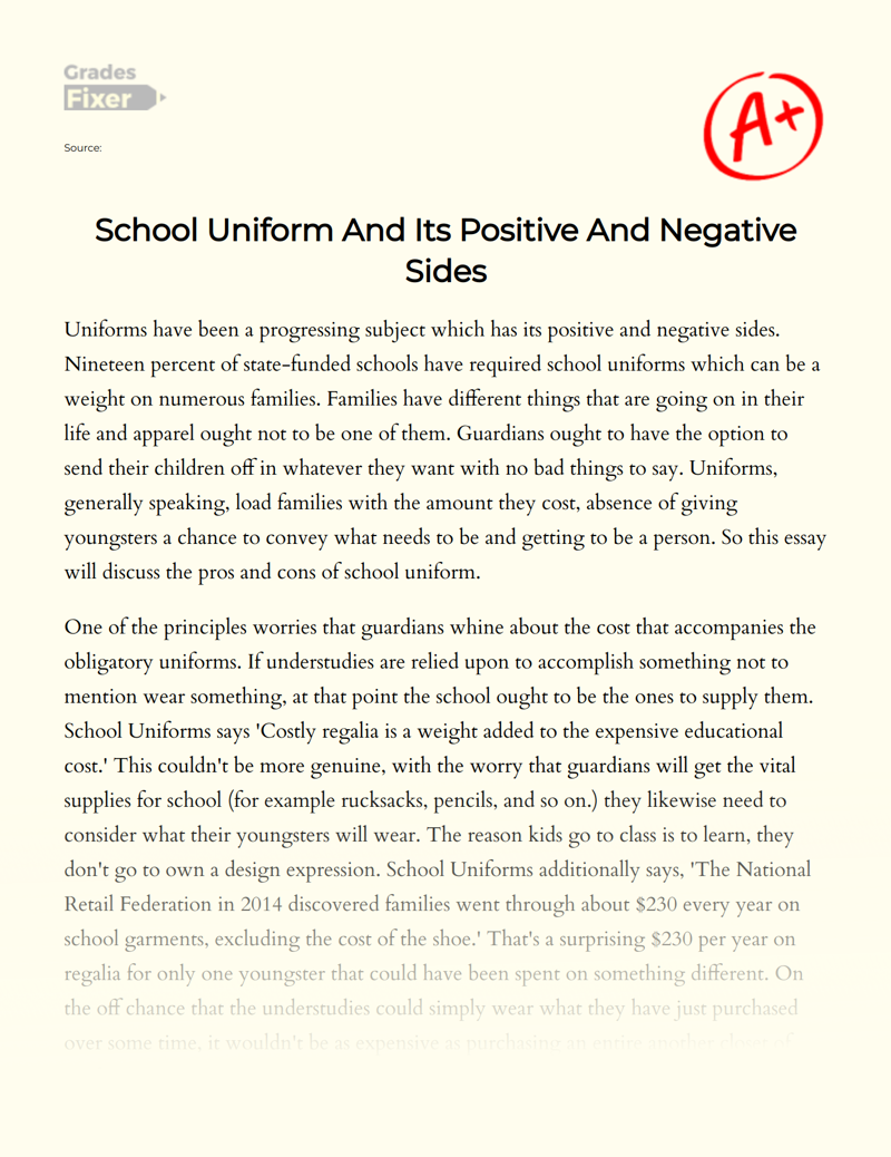 School Uniform and Its Positive and Negative Sides Essay