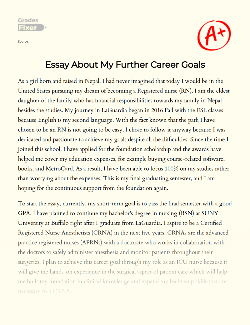 My Further Career Goals Nurse And Science Tutor Essay Example 770 