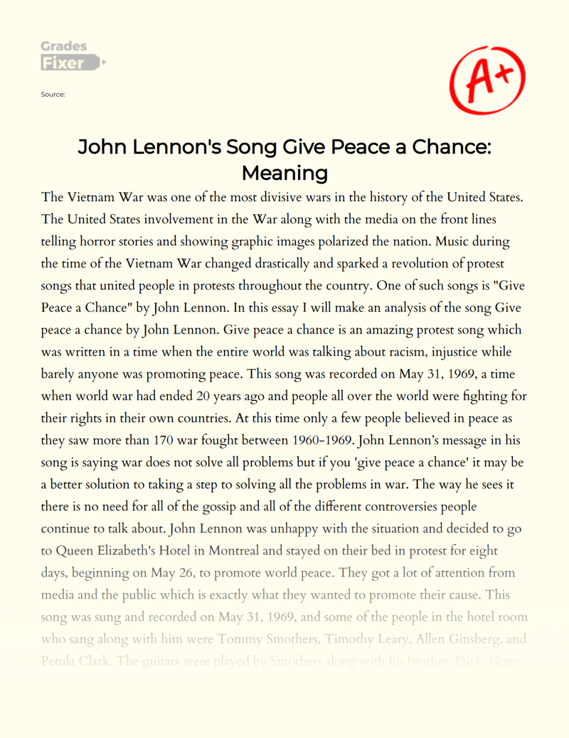 Essay Analysis of The Song Give Peace a Chance by John Lennon Essay