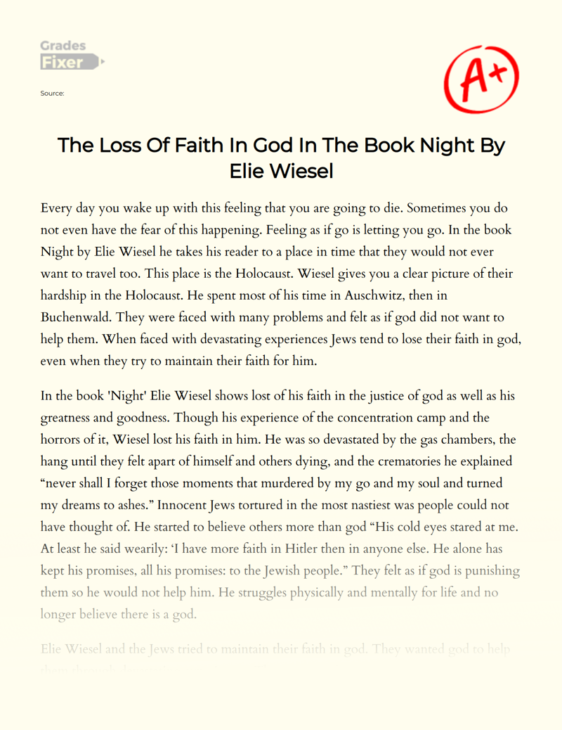 The Loss of Faith in God in The Book Night by Elie Wiesel Essay