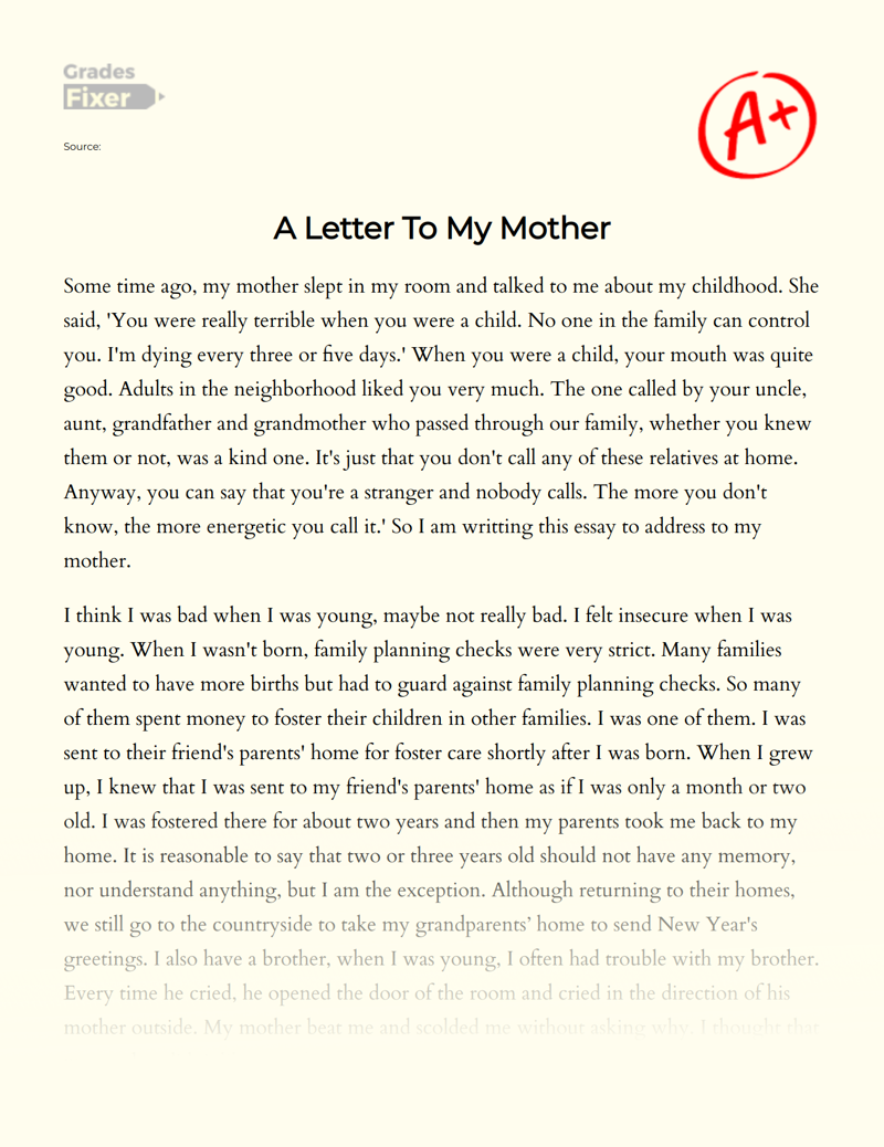 A Letter To My Mother Essay Example 1596 Words Gradesfixer 