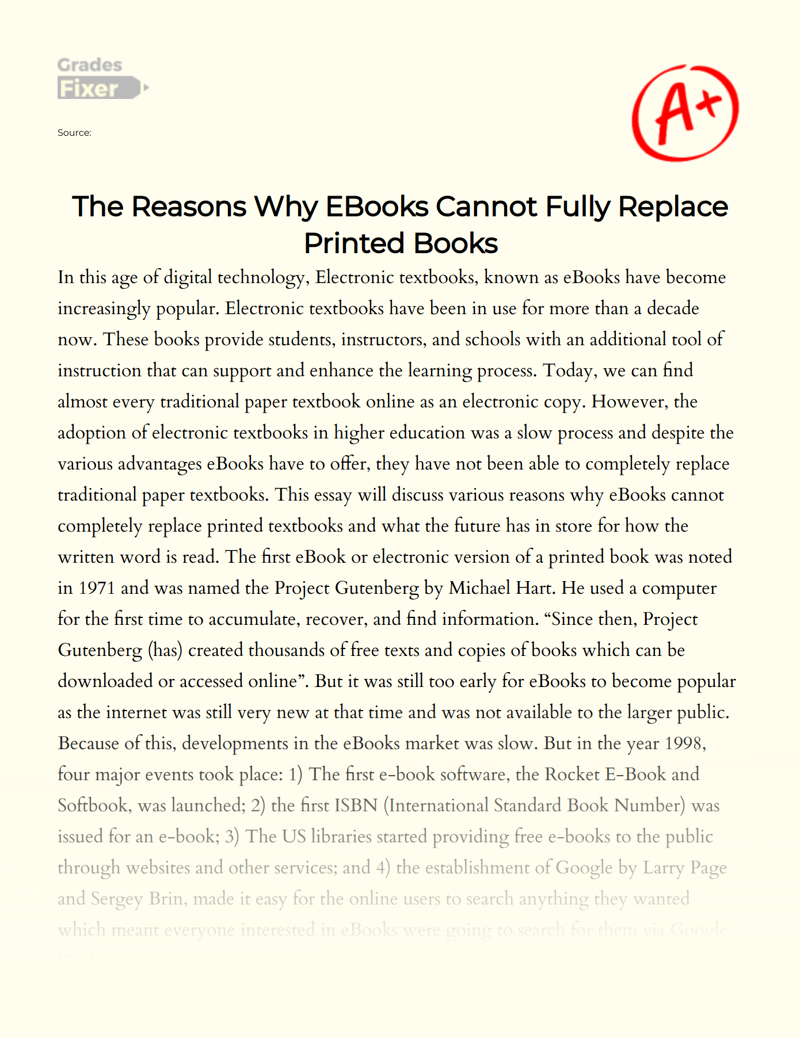 A Disucssion of Whether E-books Will Replace Paper Books Essay
