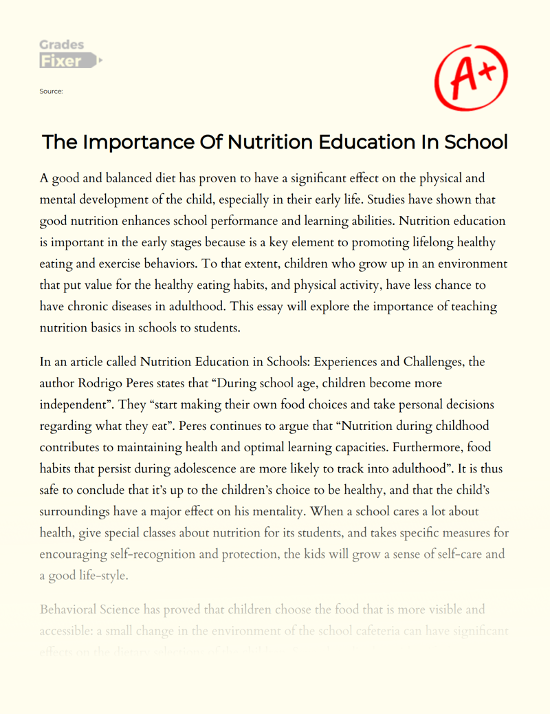 The Importance of Nutrition Education in School Essay